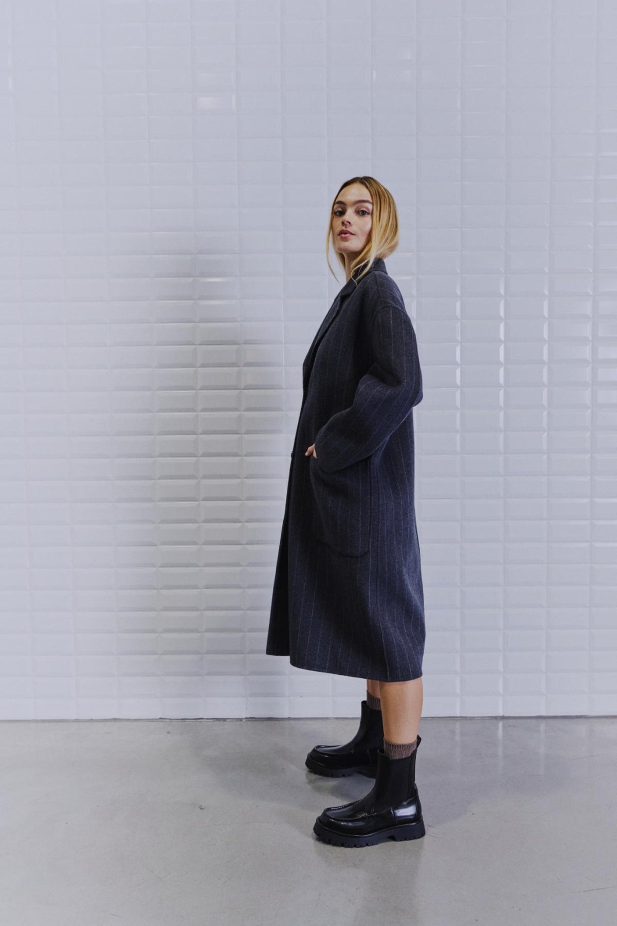 With Black Celine Wool Coat Dark Grey Pinstripe
