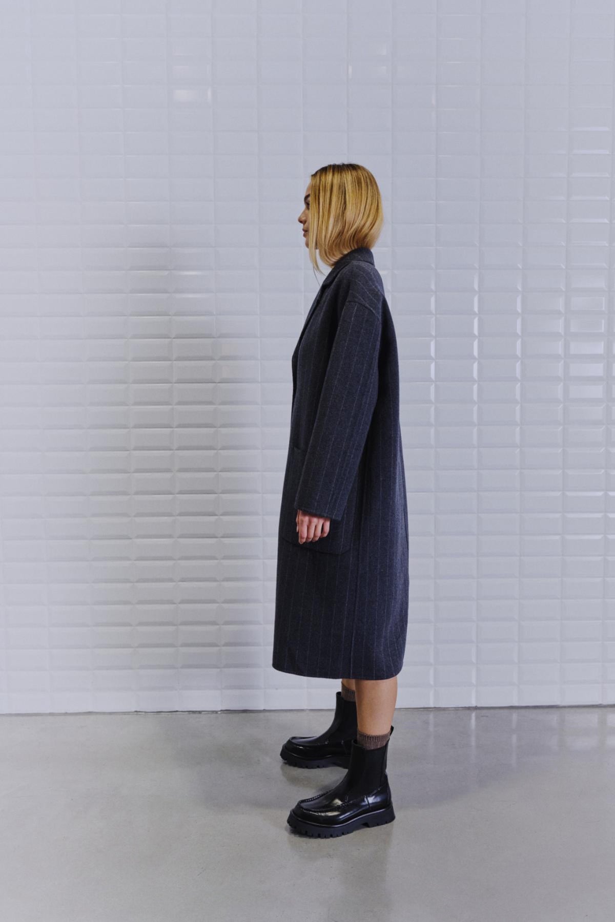 With Black Celine Wool Coat Dark Grey Pinstripe