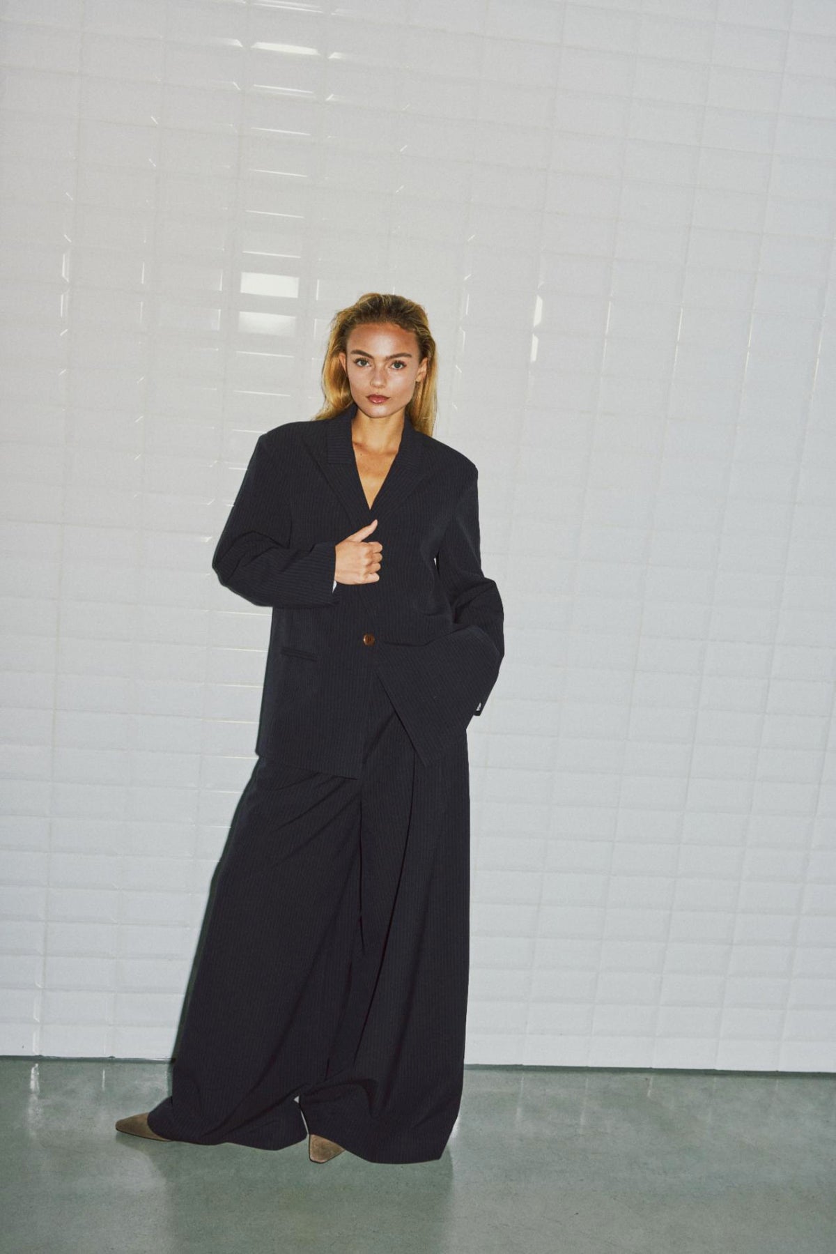 With Black Lily Tailored Blazer Navy Pinstripe