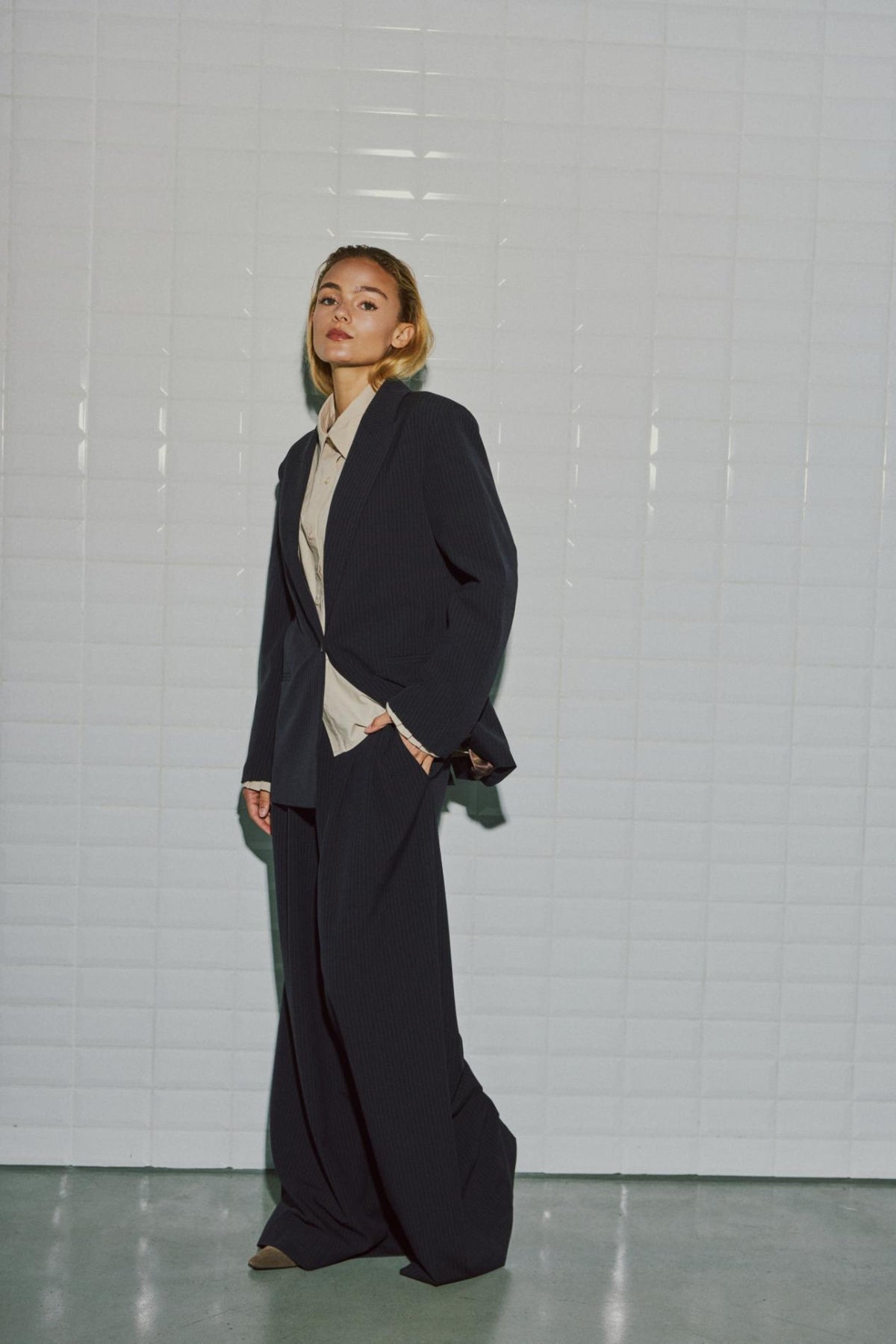 With Black Lily Tailored Blazer Navy Pinstripe