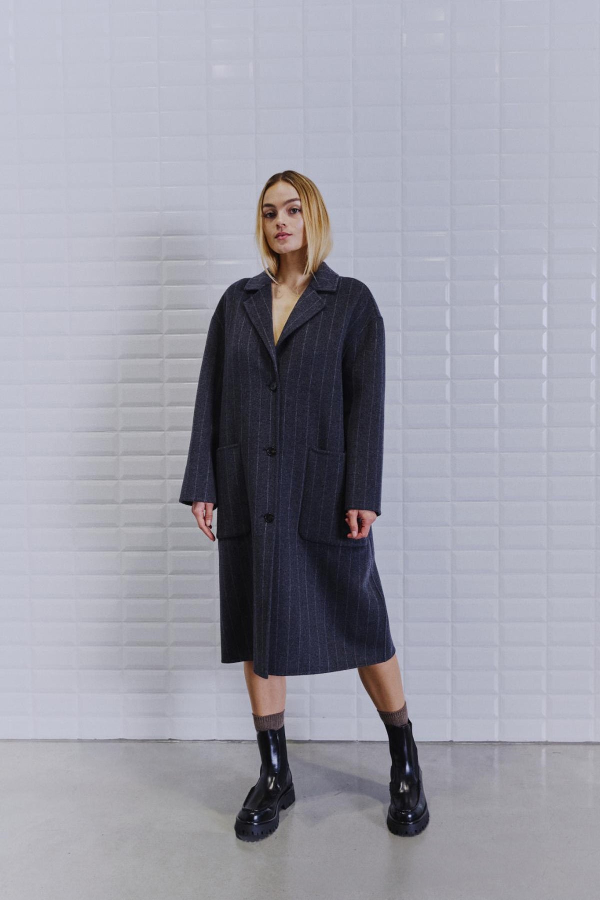 With Black Celine Wool Coat Dark Grey Pinstripe