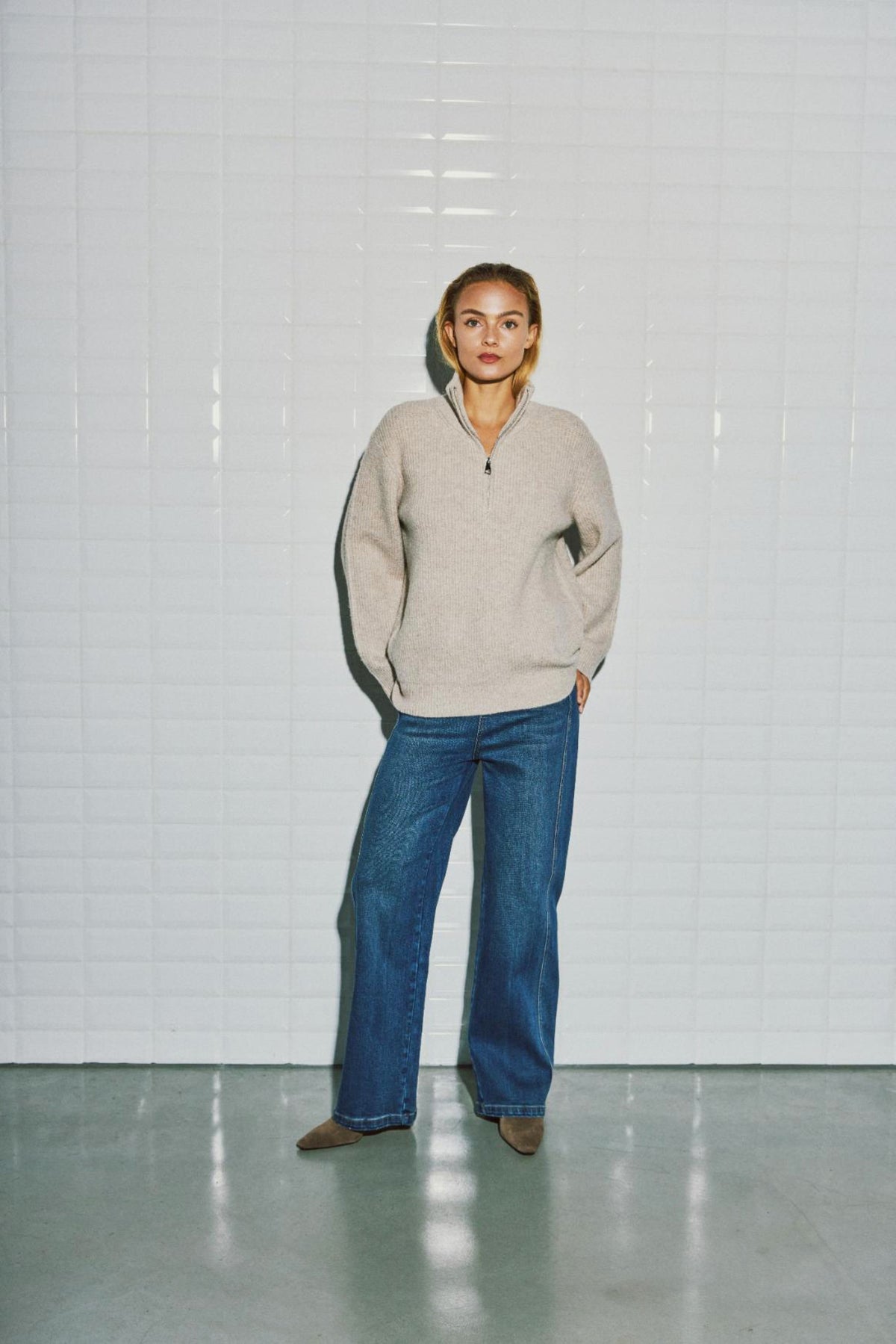 With Black Iza Rib Zip Pullover Japanese Pearl